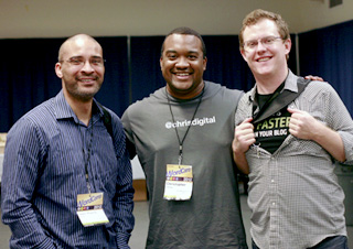 Jean-Pierre Welch and Chris Carvey chat with Austin Gunter of WPEngine during lunch on Sunday at WordCamp New York City